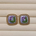 Handmade vintage square earrings with purple dried flowers and gold chain borders - Purple Floral Style