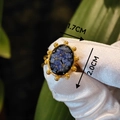 Macro detail of handmade gold ring with blue dried flower specimen and size dimension - Blue Dried Flowers and Beaded Edge Style (Style C)