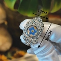 Detailed view of handmade stainless steel ring featuring blue flower design and dimensions - Irregular Hammered Pattern Blue Floral (Style C)
