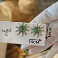 Detailed macro view of handmade sunflower earrings with green dried flowers and silver metal - Silver Metal Green Floral Sun Flower Shape (Model D)