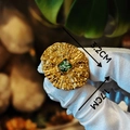 Detailed view of handmade gold vintage ring with green square inlay and white dried flowers - Round Pleated Pattern Green Base White Flower (Style D)