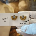 Macro shot of handmade gold sunflower earrings with pink dried flowers and dimensions 1.5cm - Gold Sun Flower Pink Floral Oval Center Shape (Model E)