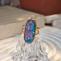 Handmade stainless steel open ring featuring purple dried flowers in resin oval setting - Style B Gold Base