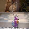 Detail of cat shaped pendant with purple dried hydrangea and silver snake chain - Purple Series Necklace / Purple Series Necklace