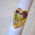 Gold heart-shaped ring featuring real purple pansy dried flowers and gold leaf accents - Yellow Pansy Style