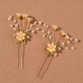 Elegant gold bridal hair pins with frosted yellow flowers and pink pearls set of two - Hair Stick