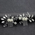 Set pettine per capelli da sposa in argento con perle e foglie in lega su sfondo nero - Set da 2 Pezzi / Argento