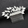Silver bridal hair comb with frosted metal leaves and handmade pearls on black leather - Silver