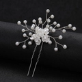 Handmade bridal hair pin with white shell flowers and pearls on silver twist wire - Silver