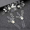 Braut-Haarschmuck-Set 3-teilig mit Perlen, Kristallen und silbernen Blumen-Haarkämmen - Haarkamm Und Haarnadeln / Silber