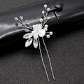 U-shaped hair pin with white resin flowers, imitation pearls, and clear rhinestones - Silver