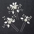 Set di tre forcine per capelli da sposa fatte a mano con perle e foglie in argento - Argento