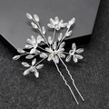 Elegant bridal silver U-shaped hair pin with handmade clear crystal floral star patterns - Silver