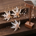 Barrettes mariée feuille d'érable dorées et boucles d'oreilles à pampilles cristal - 3 Pinces à Cheveux et Clips d'Oreille / Blanc