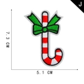 Christmas candy cane embroidery patch with green bow and white border 7.3cm x 5.1cm - Candy Cane Bow Style (J)