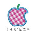 Pink checkered apple embroidery patch with blue stitching and bite mark, 4.8 x 5.2 cm - Pink Plaid Bitten Apple (B)
