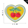 Heart shaped embroidery patch with red cherries and blue border measuring 4.0 x 3.5 cm - Cherry 6
