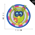 Round 7cm embroidered owl patch with green cartoon owl and pink checkered background - Green Owl Round Style (10)
