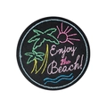 Round black self-adhesive embroidery patch with neon Enjoy the Beach palm tree design - Beach Round-Enjoy