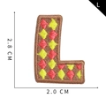 Parche bordado letra L con borde marrón y patrón rojo y amarillo, 2,8x2,0cm - L