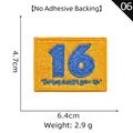 Yellow embroidered patch with blue number 16 and text, no adhesive sewing badge - Number 16 Yellow (06)