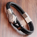 Pulsera de cuero trenzado negro para hombre con cierre magnético de cabeza de serpiente plata - Estilo 2