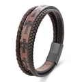 Men's double-layer braided leather bracelet with vintage bronze cross charms and black clasp - Multi-layer Style / Standard Length