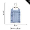 Light blue ruffled canvas ribbon keychain with silver carabiner clasp and dimensions - 17 Blue Ruffle Charm