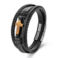 Men's double-layer black braided leather bracelet featuring a stone cross and magnetic clasp - 21CM Multilayer
