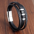 Men's multilayer braided leather bracelet with silver stainless steel magnetic clasp - 21cm / Black and Silver Ring Style (C21CM)