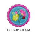 Round floral embroidery patch with pink flowers on blue background, size 5x5 cm - Pink Yellow Flower on Lake Blue Background Style (16)