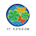 Embroidered round patch with butterflies and flowers on blue polka dot background - Butterfly and Flower Style (17)
