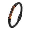 Men's leather braided bracelet with brown tiger eye beads and matte black magnetic clasp - Yellow Tiger Eye (21CM)