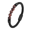 Men's multilayer black braided leather bracelet with red volcanic stones and magnetic clasp - Red Tiger Eye (21CM)