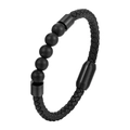 Men's black braided leather bracelet with volcanic stone beads and magnetic metal clasp - Matte Stone (21CM)