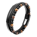 Detail of multi-layer men's leather bracelet with volcanic stone and magnetic clasp - 21cm / Yellow