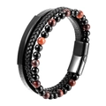 Men's multilayer black leather bracelet with volcanic stone beads and magnetic metal clasp - 21cm / Red