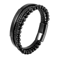 Close-up of multilayer men's leather bracelet with lava stones and magnetic clasp - 21cm / Black