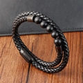 Herren Armband aus schwarzem geflochtenem Leder mit natürlichen Lavasteinperlen - Mattstein-Stil (21cm)