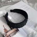 Detail of black tweed headband with sequins on a magazine background for elegant style - Black