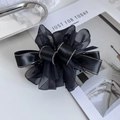 Elegant black layered organza bow hair clip with rhinestone trim for ponytail styling - Black