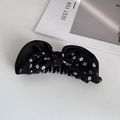 Pinza per capelli nera con stampa floreale e fiocco in raso di seta su fondo bianco - Nero