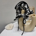 Elegant large fabric scrunchie with black and white ink floral pattern and long ribbons - Black