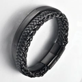 Detail of multi-layer black leather braid and steel chain bracelet with magnetic clasp - 21cm / Style 1 Black