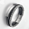 Macro detail of multi-layer black leather and silver steel braided chain bracelet with magnetic clasp - 21cm / Style 1 White