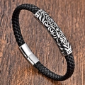 Pulsera de hombre en cuero trenzado negro con metal plateado vintage y cierre magnético - Estilo Placa Tótem Retro (款式二)