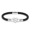 Black leather braided bracelet with silver heart infinity charm and magnetic clasp - 21cm / Steel Single Layer