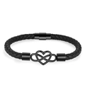 Men's double-layered black woven leather bracelet with infinity heart metal charm - 21cm / Black Single Layer