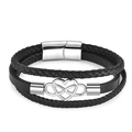 Men's multilayer black leather braided bracelet with silver infinity heart charm - 21cm / Steel Layered