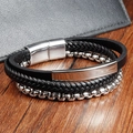 Men's triple-layer bracelet with black leather braid, steel chain and magnetic clasp - 21cm / Style 2 White